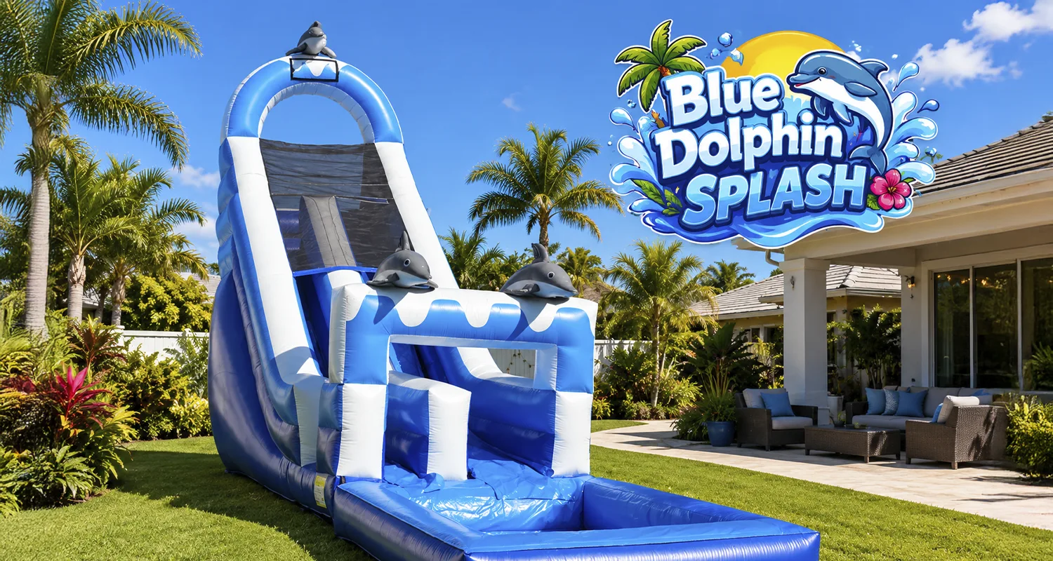 Blue dolphin water slide rental in backyard
